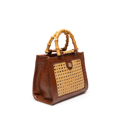 BOLSA DIANA MÉDIA EM COURO NATURAL E PALHA INDIANA MAXI CROCO PINHÃO