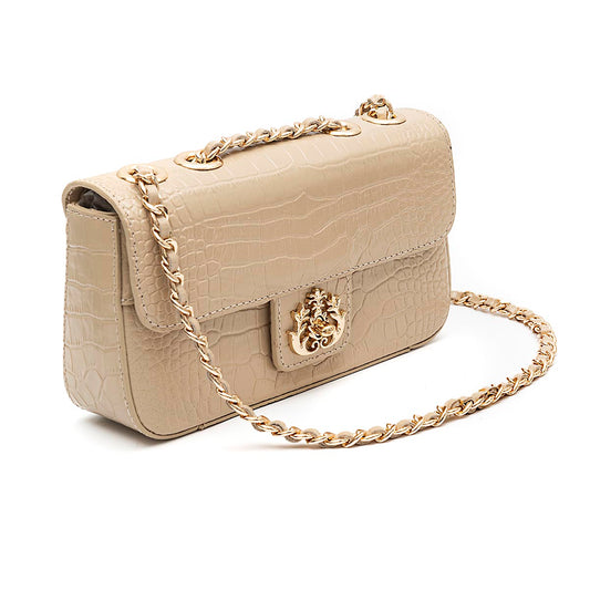 BOLSA BAGUETE ANNE PEQUENA COURO NEW CROCO NATA OURO