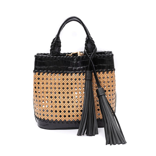 BOLSA TOTE PALHA SEXTAVADA MÉDIA COURO PRETA