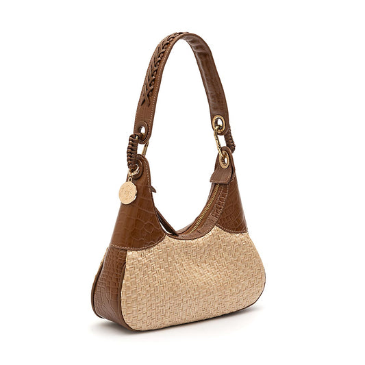 BOLSA MOON HOBO PEQUENA NEW CROCO PALHA DAMIER NATURAL AVELÃ