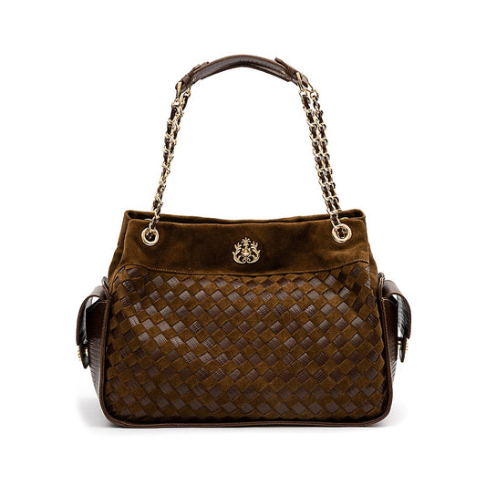 BOLSA TOTE TRESSÊ COURO CAMURÇA MASCAVO OURO