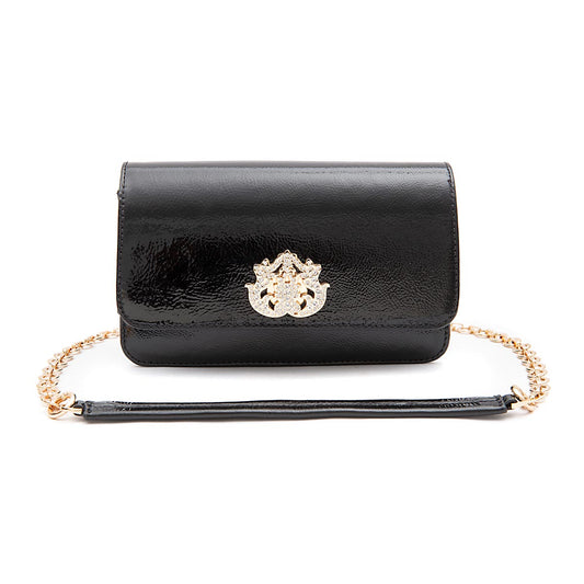 BOLSA CARTEIRA FOREVER IN LOVE COURO GLOSS PRETO COM FECHO CRISTAL/ OURO