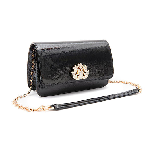 BOLSA CARTEIRA FOREVER IN LOVE COURO GLOSS PRETO COM FECHO CRISTAL/ OURO