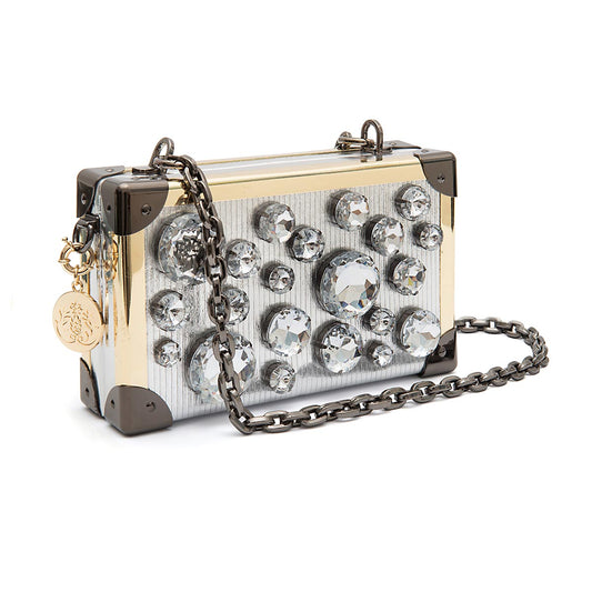 BOLSA CLUTCH TRUNK PEQUENA METALIZADO COM CRISTAIS PRATA