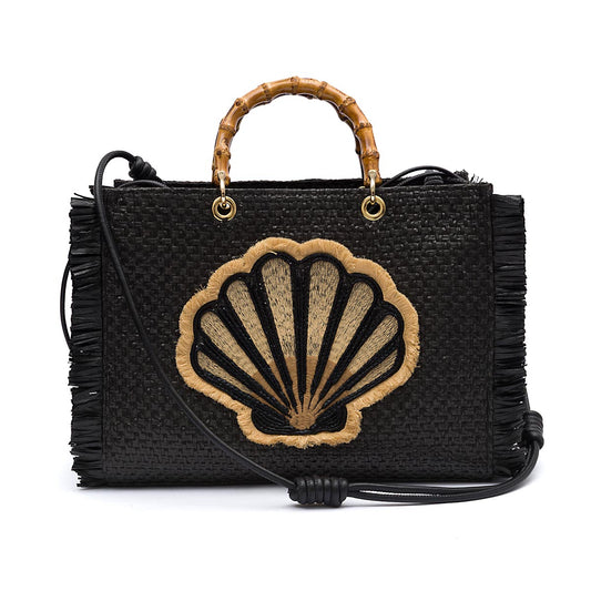 BOLSA TOTE GRANDE EM PALHA NATURAL PRETA CONCHA