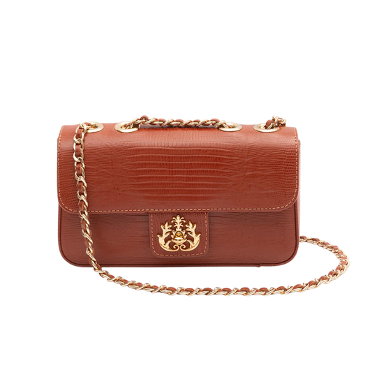 BOLSA BAGUETE ANNE PEQUENA COURO LIZARD JASPE OURO