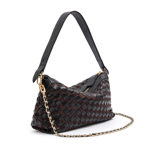 BOLSA ÍSIS WOVEN SHOULDER COURO TRESSÊ PEQUENE PRETA