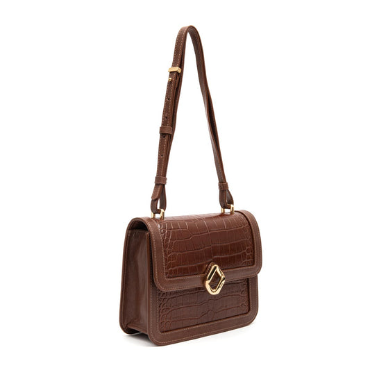BOLSA BOX BAG AURORA MÉDIA COURO NEW CROCO BROWNIE OURO