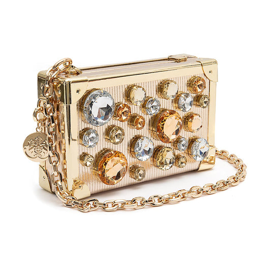 BOLSA CLUTCH TRUNK PEQUENA METALIZADO COM CRISTAIS OURO