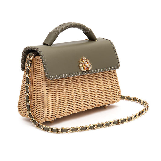 BOLSA SELENE TOP HANDLE MEDIA RATTAN E COURO AZEITE