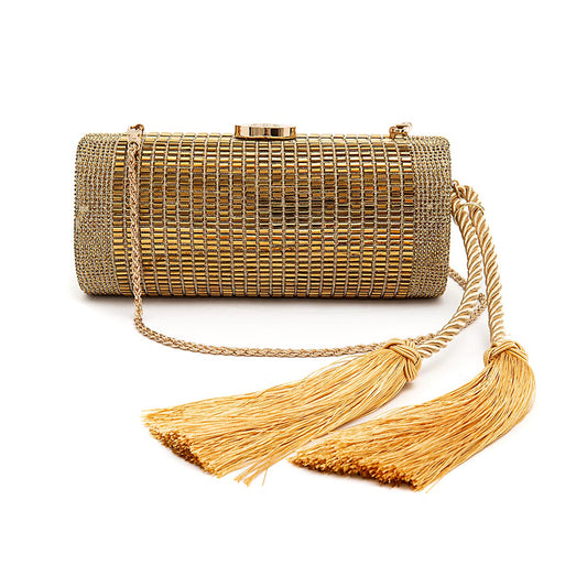 BOLSA CLUTCH CILÍNDRICA MÉDIA DE CRISTAIS OURO
