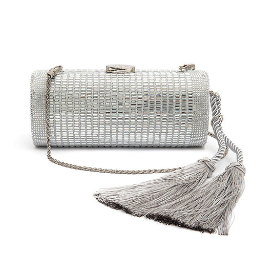 BOLSA CLUTCH CILÍNDRICA MEDIA DE CRISTAIS PRATA