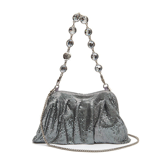 BOLSA POUCH PEQUENA EM MALHA METÁLICA SHOULDER DE CRISTAIS