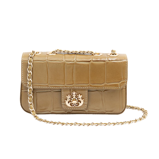 BOLSA BAGUETE ANNE PEQUENA COURO CAIMAN AZEITE OURO