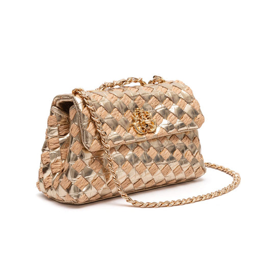 BOLSA HELLEN COURO E RÁFIA PEQUENA OURO TRESSÊ