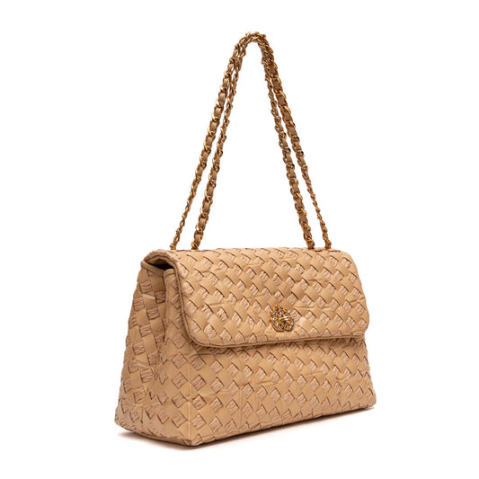 BOLSA FLAP TRESSÊ HELEN MEDIA COURO E RÁFIA MACADÂMIA