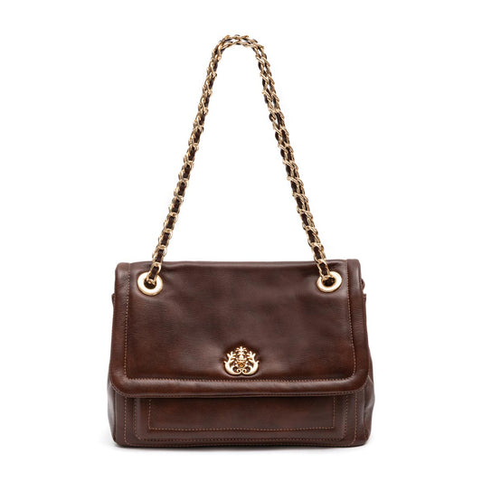 BOLSA FLAP DAHLIA CROSBY COURO PINHÃO OURO