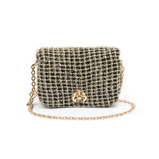 BOLSA PUFFER TWEED PEQUENA LUREX OURO