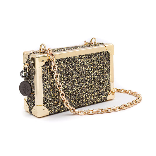 BOLSA CLUTCH TRUNK PEQUENA METALIZADO TWEED GLAM OURO