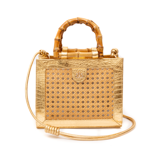 BOLSA DIANA MÉDIA EM COURO NATURAL E PALHA INDIANA NEW CROCO OURO