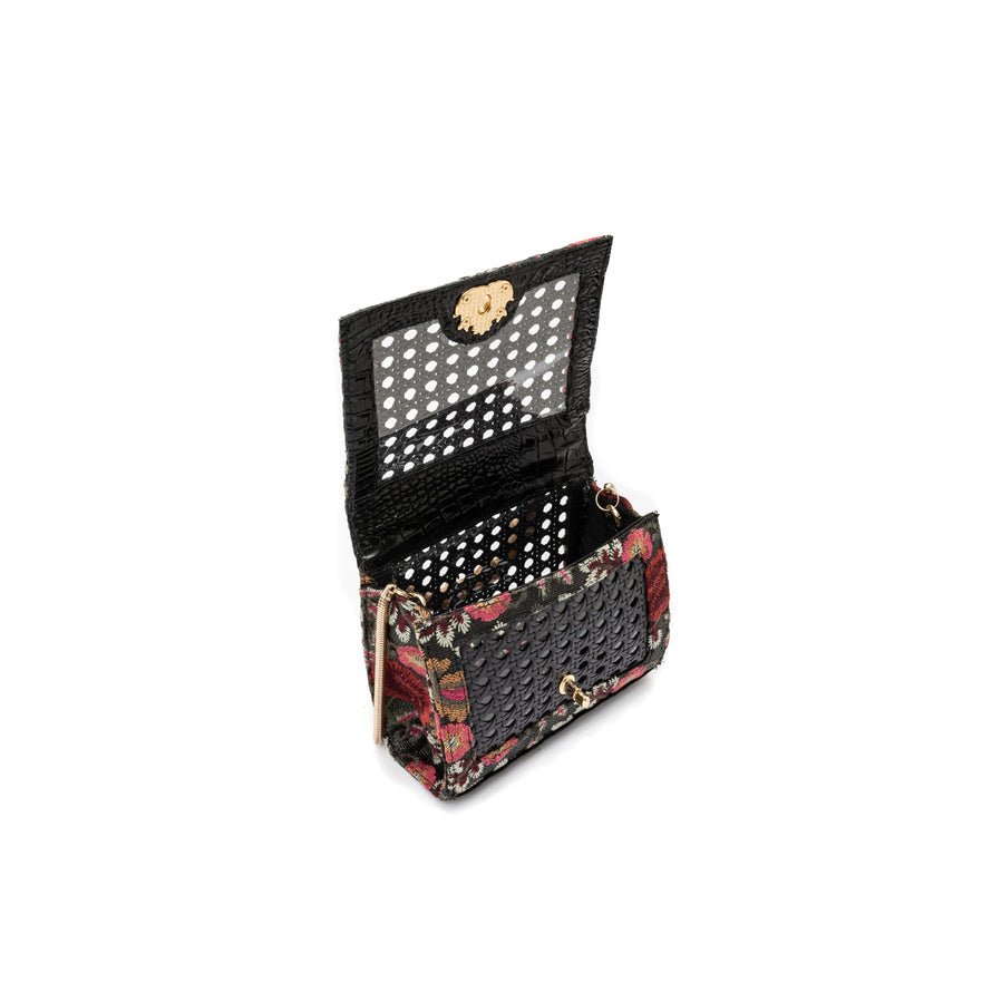 BOLSA DIANA FLAP MINI PALHA FIORI BORDADA E SEXTAVADA FRIDA PRETO