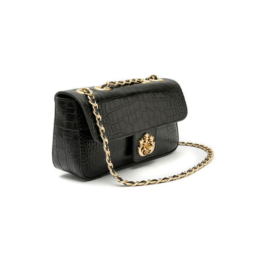 BOLSA BAGUETE ANNE PEQUENA COURO NEW CROCO PRETO OURO
