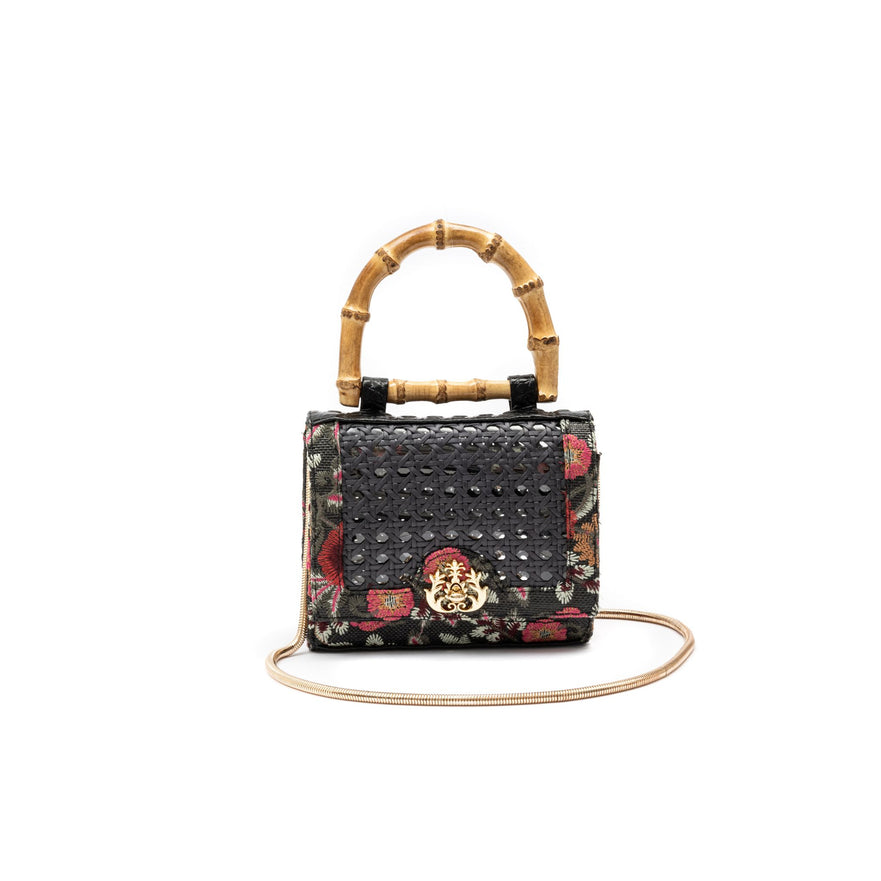 BOLSA DIANA FLAP MINI PALHA FIORI BORDADA E SEXTAVADA FRIDA PRETO