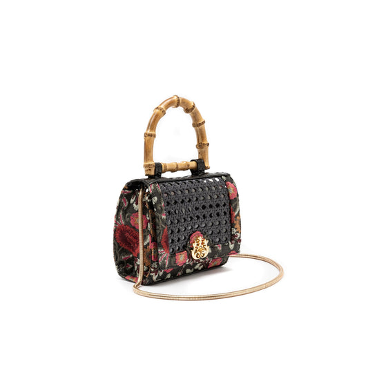 BOLSA DIANA FLAP MINI PALHA FIORI BORDADA E SEXTAVADA FRIDA PRETO