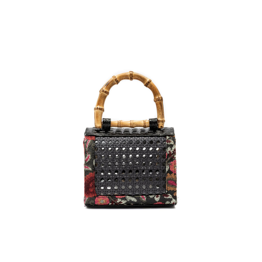 BOLSA DIANA FLAP MINI PALHA FIORI BORDADA E SEXTAVADA FRIDA PRETO