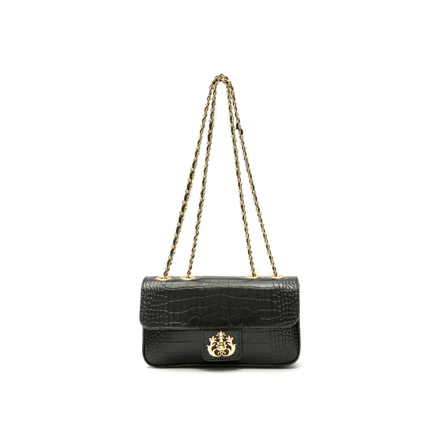 BOLSA BAGUETE ANNE PEQUENA COURO NEW CROCO PRETO OURO