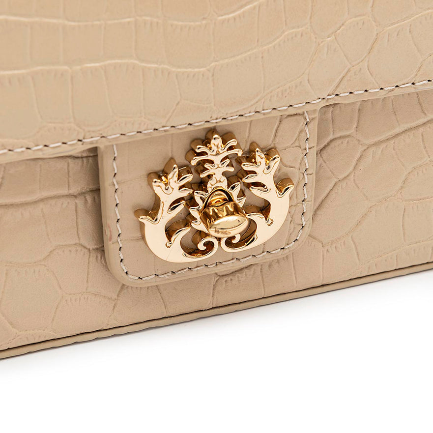 BOLSA BAGUETE ANNE PEQUENA COURO NEW CROCO NATA OURO