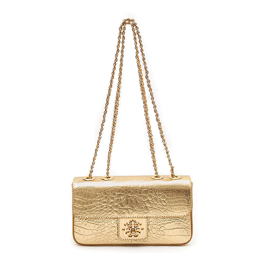BOLSA BAGUETE ANNE PEQUENA COURO NEW CROCO GOLD