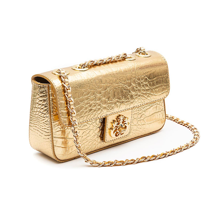 BOLSA BAGUETE ANNE PEQUENA COURO NEW CROCO GOLD