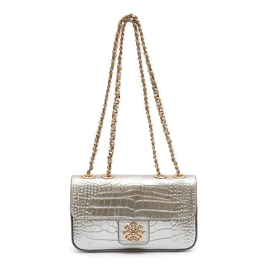 BOLSA BAGUETE ANNE PEQUENA COURO NEW CROCO PRATA OURO