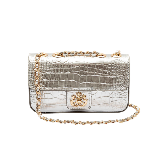 BOLSA BAGUETE ANNE PEQUENA COURO NEW CROCO PRATA OURO
