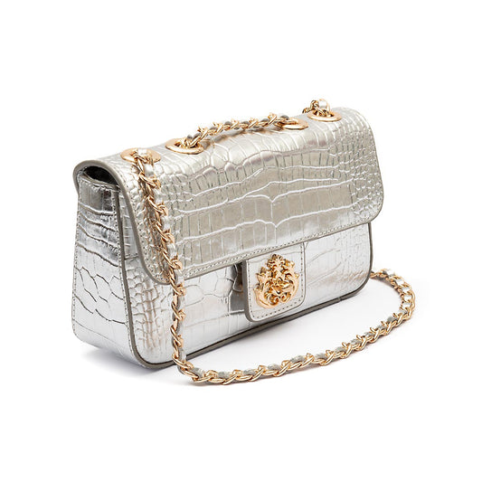 BOLSA BAGUETE ANNE PEQUENA COURO NEW CROCO PRATA OURO
