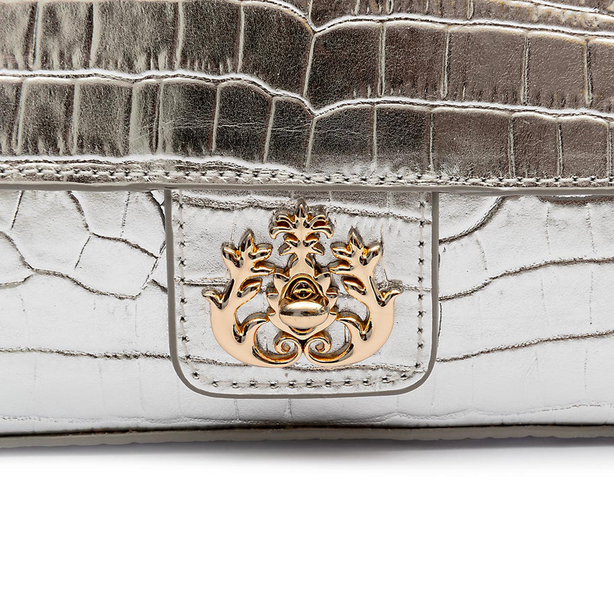 BOLSA BAGUETE ANNE PEQUENA COURO NEW CROCO PRATA OURO