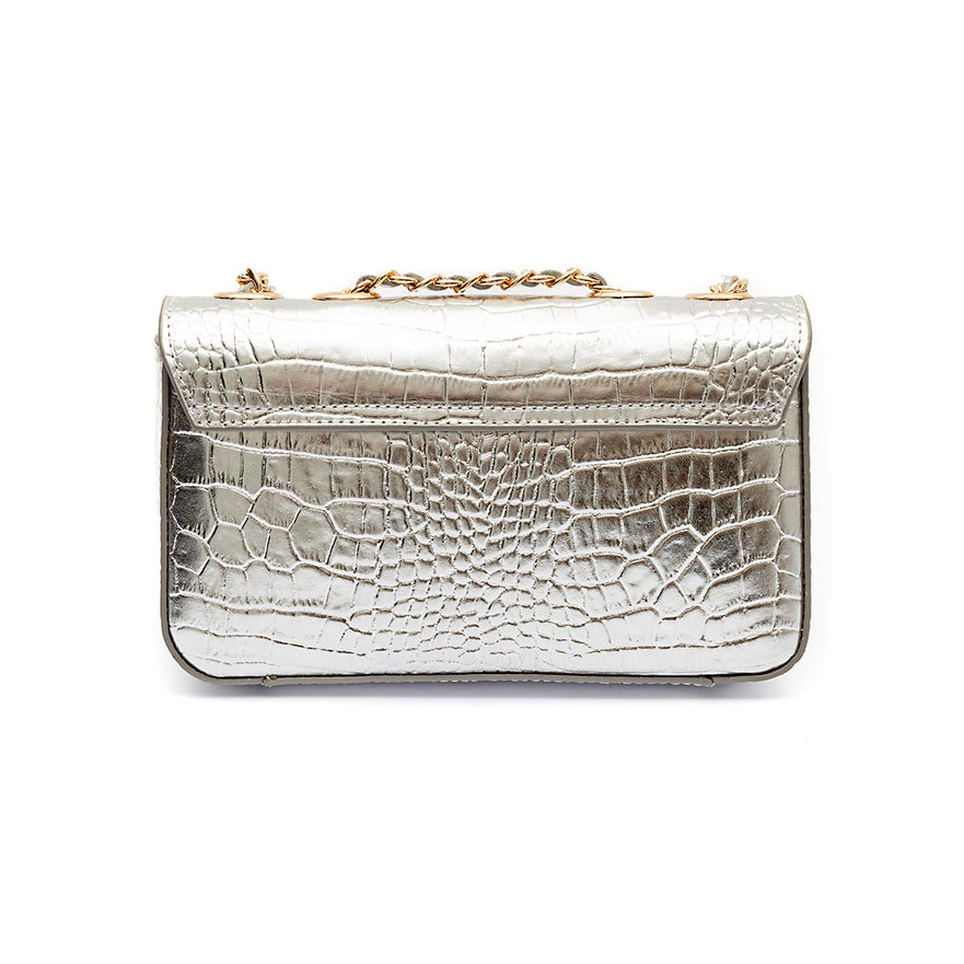 BOLSA BAGUETE ANNE PEQUENA COURO NEW CROCO PRATA OURO