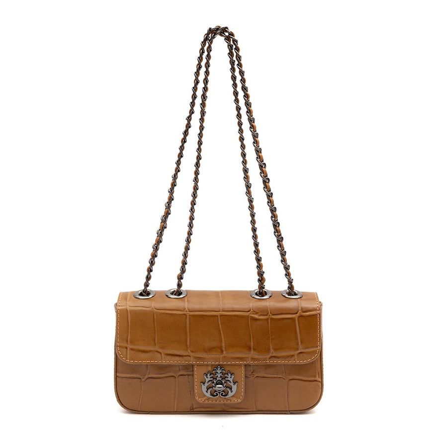 BOLSA BAGUETE ANNE PEQUENA COURO CAIMAN MEL ONIX