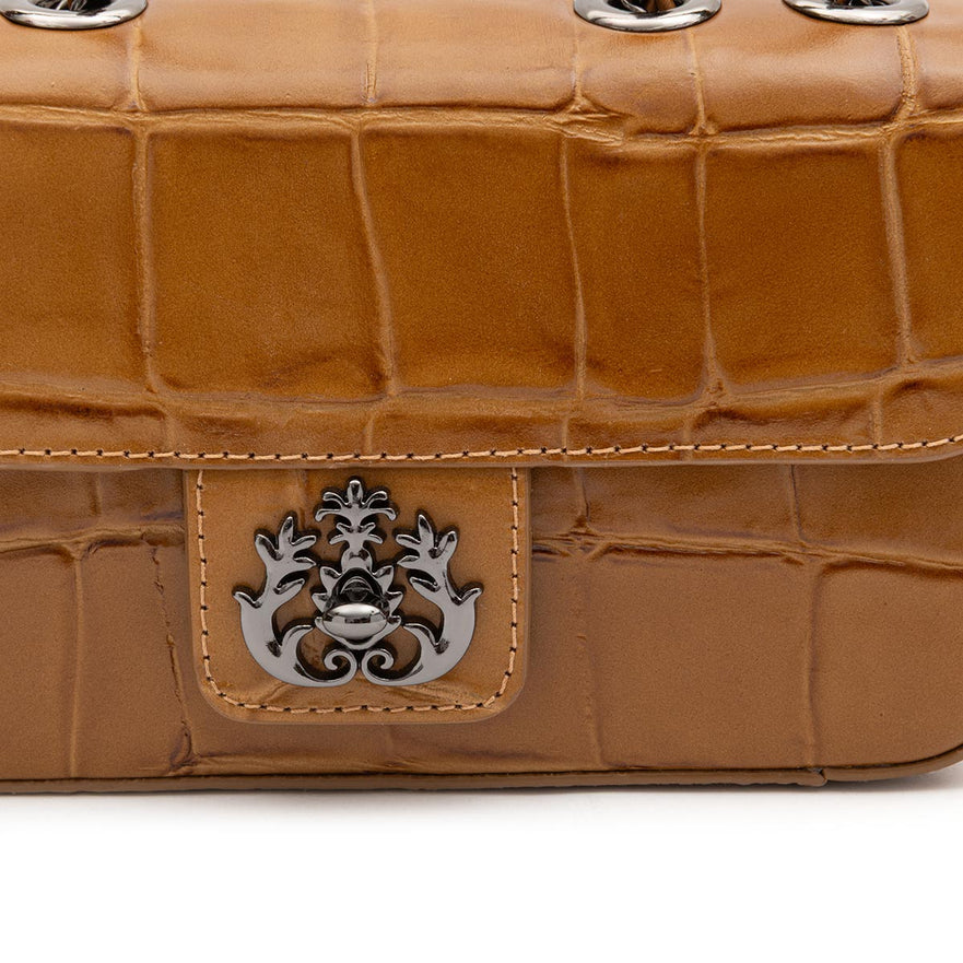 BOLSA BAGUETE ANNE PEQUENA COURO CAIMAN MEL ONIX