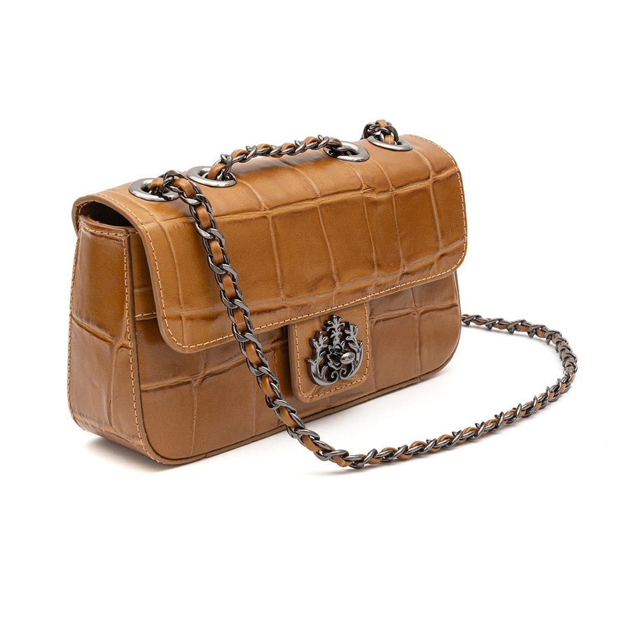 BOLSA BAGUETE ANNE PEQUENA COURO CAIMAN MEL ONIX