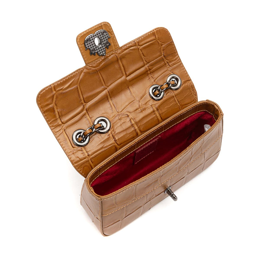 BOLSA BAGUETE ANNE PEQUENA COURO CAIMAN MEL ONIX