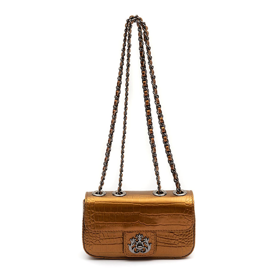 BOLSA BAGUETE ANNE MINI COURO NEW CROCO BRONZE ONIX