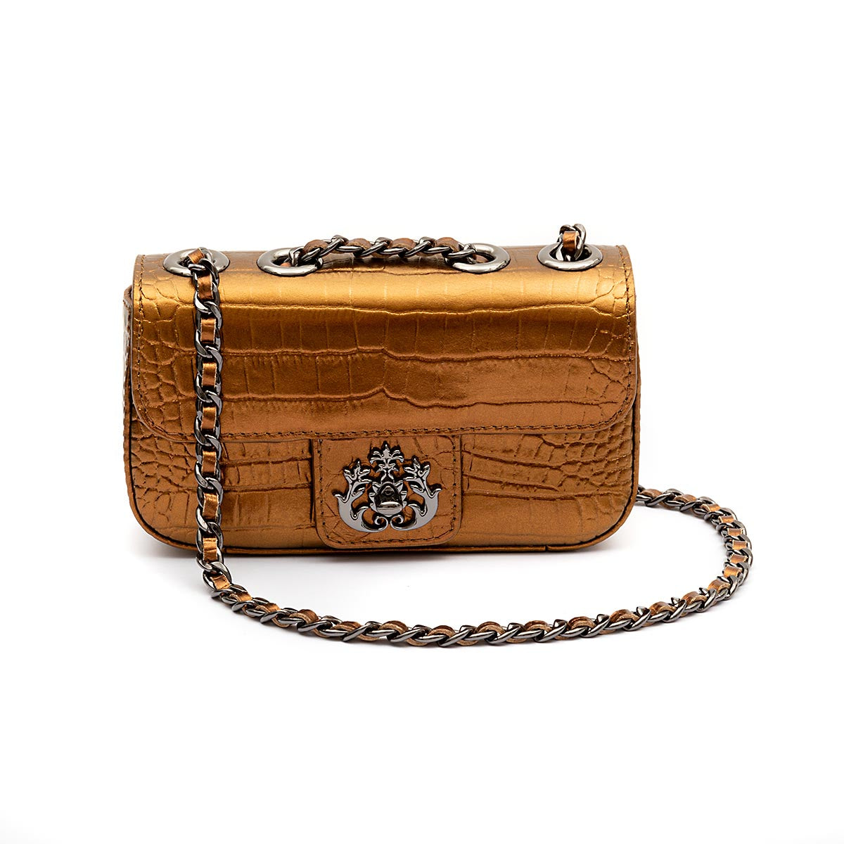 BOLSA BAGUETE ANNE MINI COURO NEW CROCO BRONZE ONIX