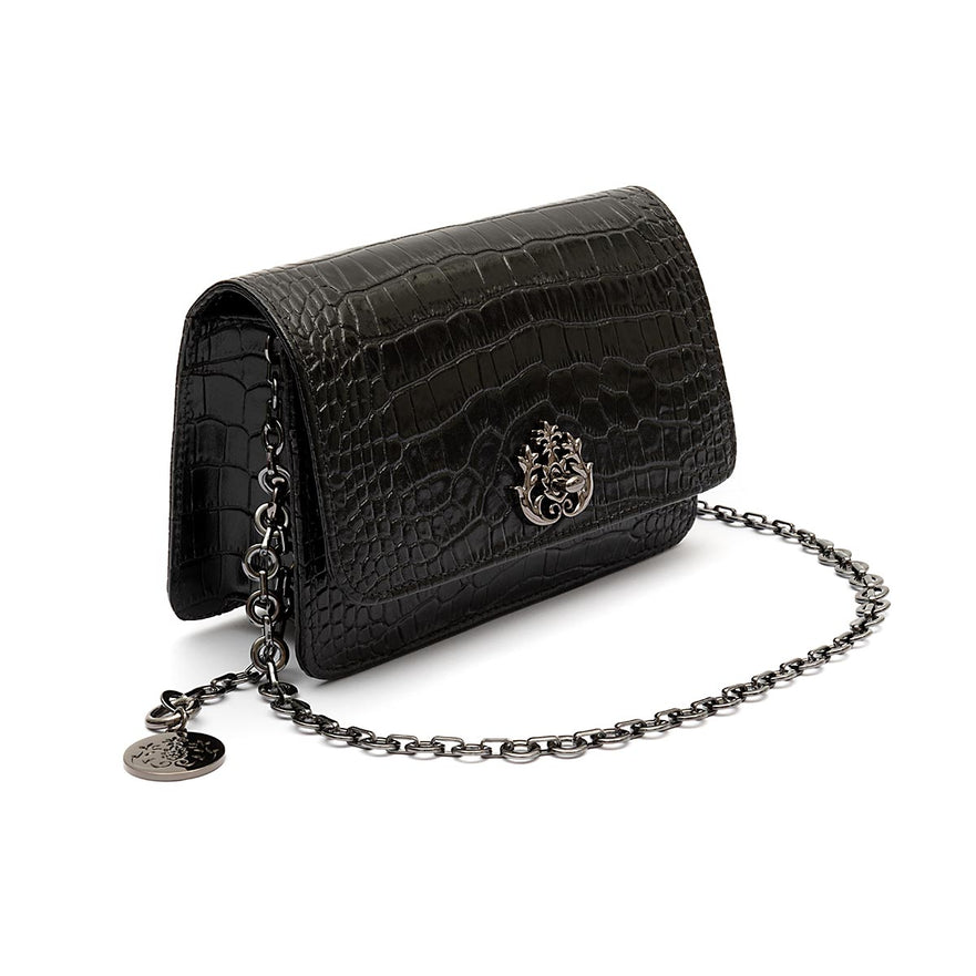 BOLSA CARTEIRA FOREVER PEQUENA COURO NEW CROCO PRETO ONIX