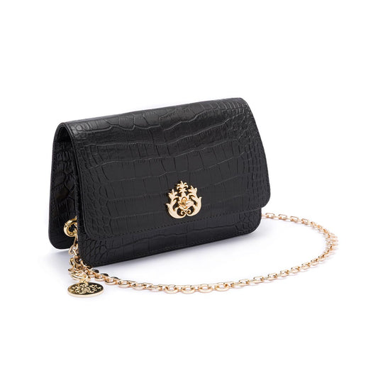 BOLSA CARTEIRA FOREVER PEQUENA COURO NEW CROCO PRETO OURO