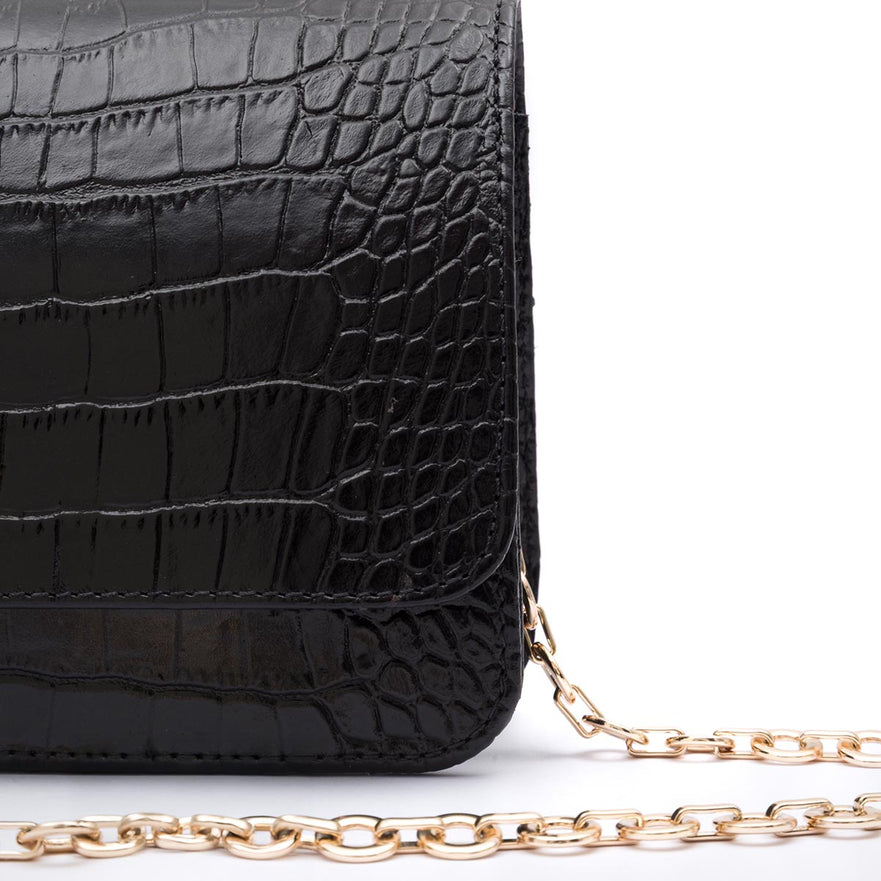 BOLSA CARTEIRA FOREVER PEQUENA COURO NEW CROCO PRETO OURO