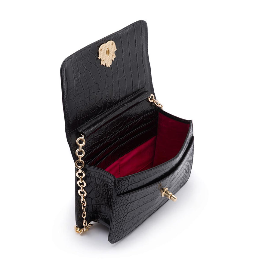 BOLSA CARTEIRA FOREVER PEQUENA COURO NEW CROCO PRETO OURO