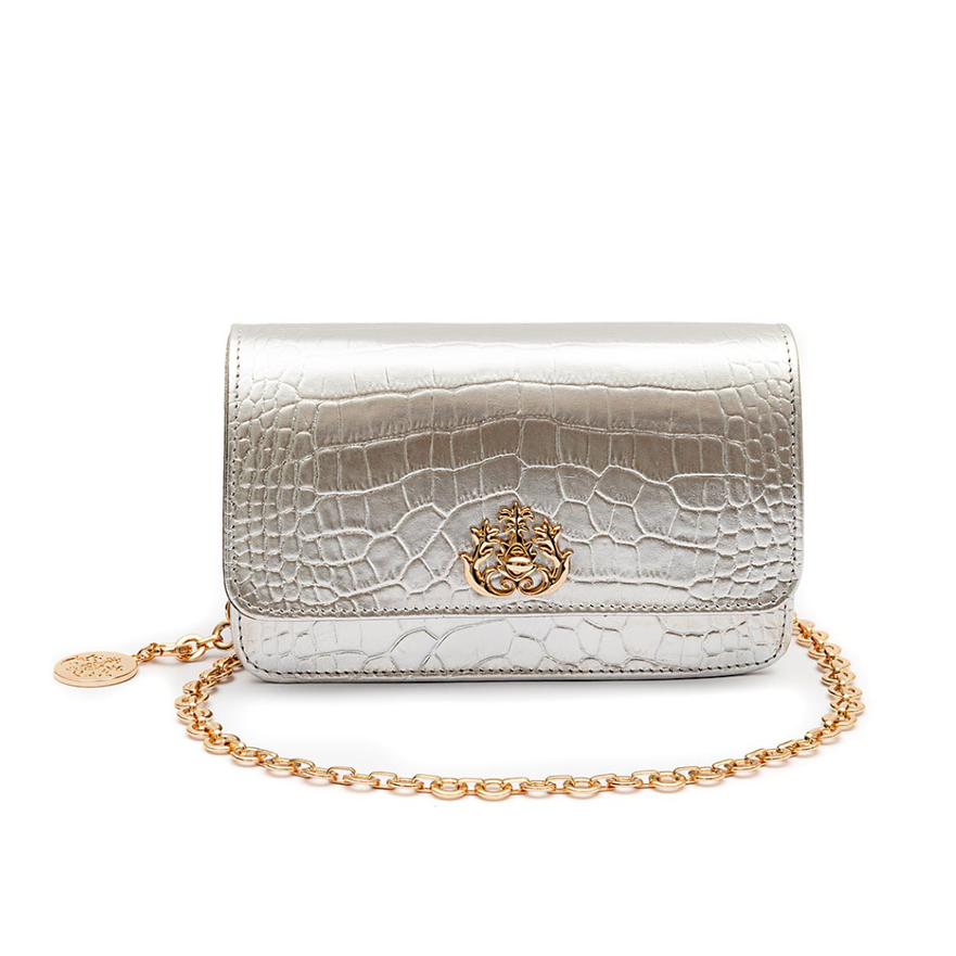 BOLSA CARTEIRA FOREVER PEQUENA COURO NEW CROCO PRATA OURO