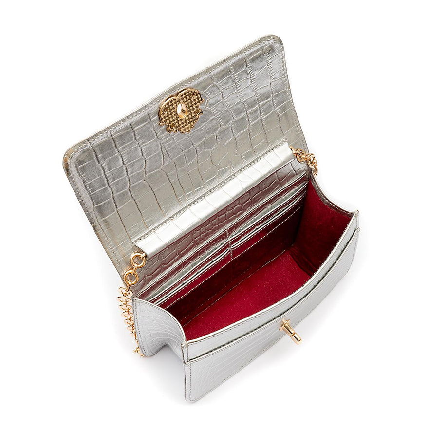 BOLSA CARTEIRA FOREVER PEQUENA COURO NEW CROCO PRATA OURO